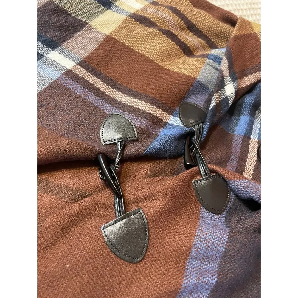Plaid Cozy Brown & Blue Frog Loop Open Front Poncho Shawl One Size